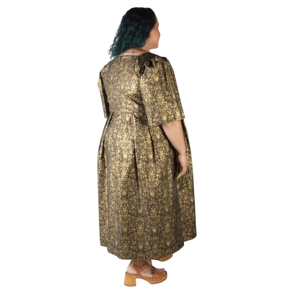 Birds of North America Midi Dress Womens 2X Gold Black Brocade Puff Sleeve New - Picture 2 of 11